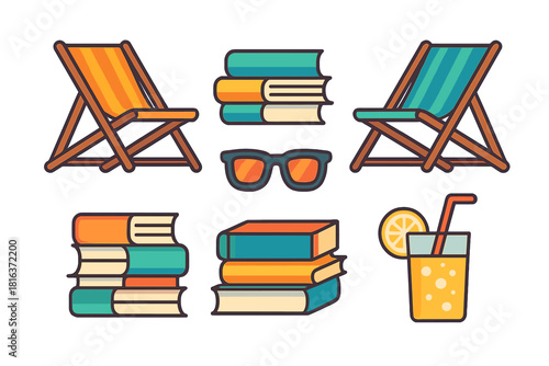 Striped deck chairs, stacked books, sunglasses, and summer drink set