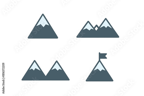 Simple geometric mountain range icons with snow caps and a flag on the summit