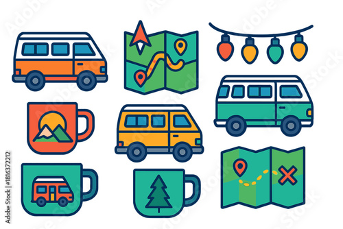 Colorful collection of road trip and camping icons featuring vans, navigation maps, and outdoor mugs