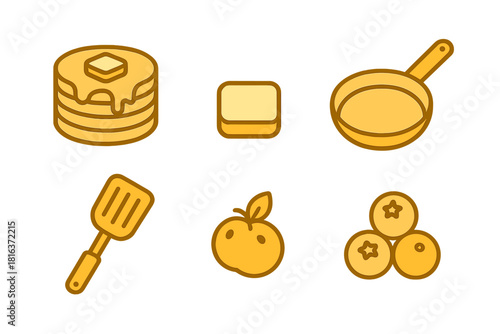 Set of breakfast foods and cooking utensils including pancakes, butter, frying pan, spatula, apple, and blueberries