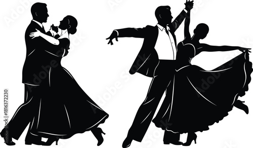 Elegant ballroom dancers silhouette performing waltz and tango, graceful couple dance illustration showcasing classic movement, choreography, rhythm and artistic performance