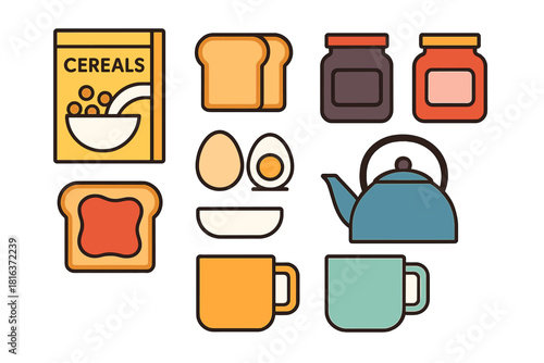 Collection of breakfast essentials including cereal toast eggs and hot drinks
