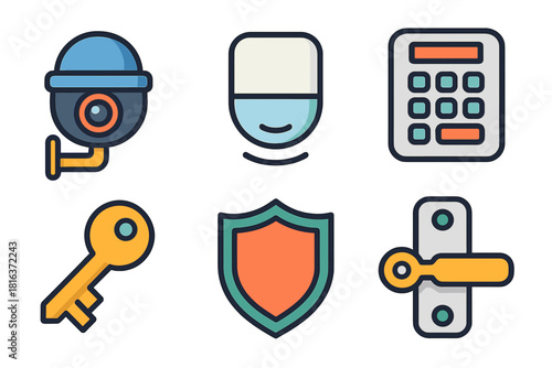 Security and protection symbols including camera, key, shield, keypad, and door lock mechanism