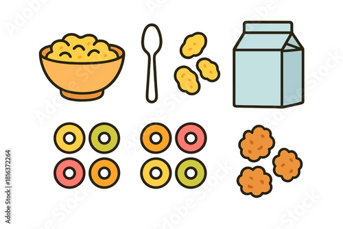 Various colorful breakfast cereal pieces, including flakes and loops, displayed alongside a bowl, spoon, and milk carton