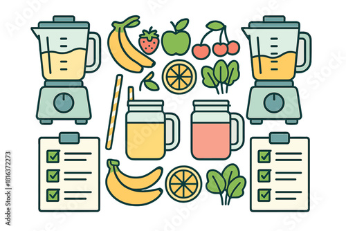 Healthy smoothie ingredients and preparation tools set including blenders, fruits, greens, and recipe checklists