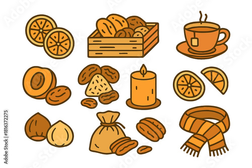 Cozy autumn collection of baked goods, hot tea, dried fruits, nuts, and warm accessories