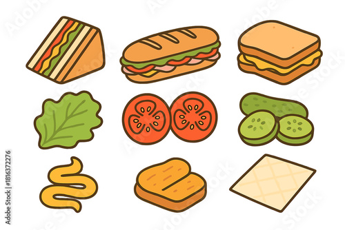 Classic sandwiches and fresh ingredients set including lettuce, tomato, pickles, and mustard