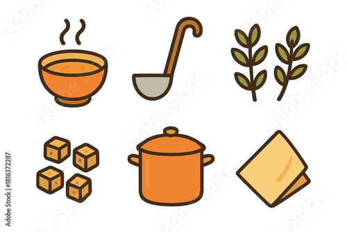 Steaming soup bowl, cooking pot, serving utensil, seasoning, and food cubes for kitchen design