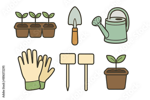 Essential gardening tools set including watering can, gloves, trowel, and young seedlings