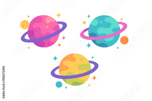 Three colorful cartoon planets with rings and moons floating in space cosmos