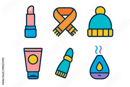 Essential winter accessories and personal care products including hat, scarf, lip balm, and moisturizer items