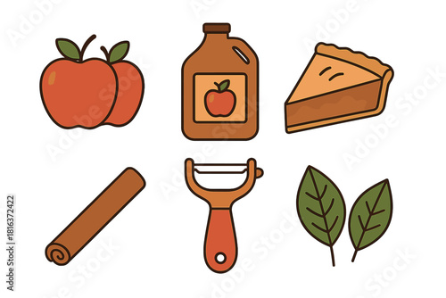 Autumn baking ingredients and tools set with apples, cider, pie slice, cinnamon, and peeler