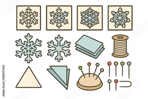 Winter crafting elements collection with snowflakes, fabric pieces, thread spool, and sewing pins