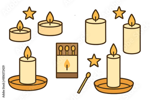 Burning wax candles, tea lights, match box, and decorative star elements set