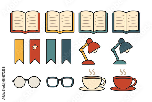 Collection of reading essentials: open books, desk lamps, eyeglasses, and coffee cups