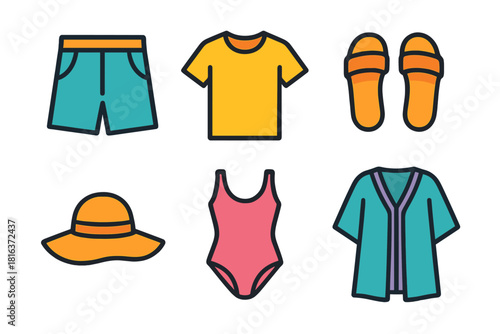 Colorful collection of summer beach and vacation clothing items including shorts, swimsuit, and sandals