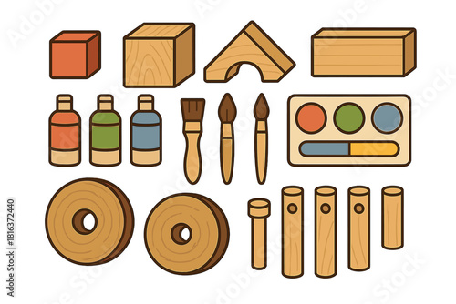 Wooden craft supplies and building blocks with paintbrushes and paint bottles