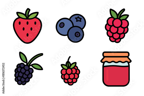 Sweet summer fruits and preserves assortment featuring strawberry, blueberry, and raspberry