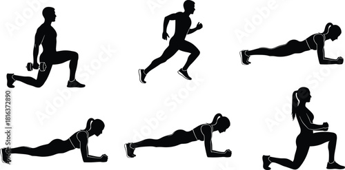 Fitness workout silhouettes, running training, lunges with weights, plank exercise poses, male and female athletes, gym activity illustration set for health