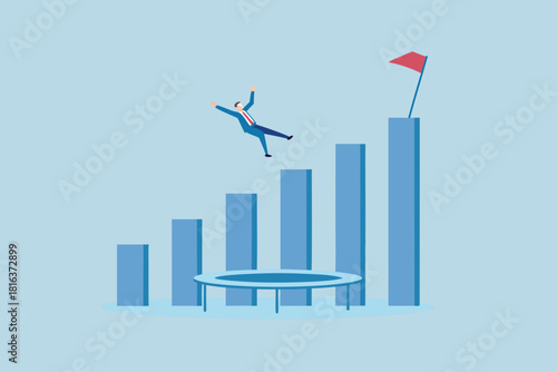 Businessman jumping on trampoline to reach financial goal business growth concept