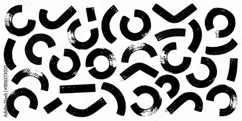 Abstract black geometric shapes with grunge texture on white background