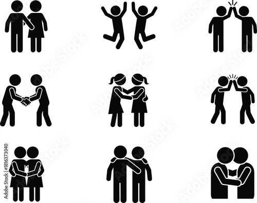 Friendship and teamwork icon set, people silhouettes interacting, handshake, hug, high-five, group support symbols, communication and unity illustration