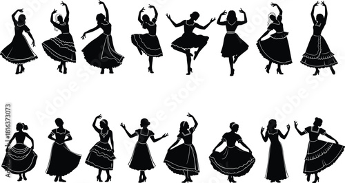 Collection of graceful dancing woman vector silhouettes, isolated figures in traditional and folk costumes, perfect for performance, theatre, and cultural graphic design