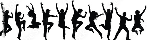 Group silhouette of joyful people jumping in celebration, energetic human poses, happiness expression, youth freedom motion, dynamic jump illustration