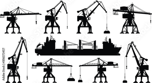 Harbor crane silhouette set with cargo ship, industrial port loading equipment, container lifting cranes, maritime transport and logistics infrastructure illustration