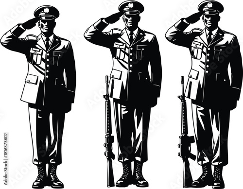 Collection of military officer vector illustrations, detailed figures in formal uniform saluting, isolated icons for patriotic events, honor, and memorial graphics