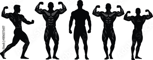 Collection of muscular bodybuilder vector silhouettes, isolated figures flexing for fitness, gym, sports nutrition branding, and strength training graphic illustration