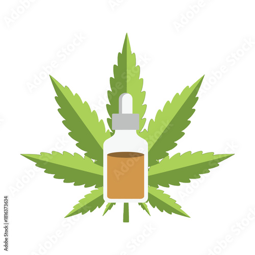 Cannabis leaf with CBD oil bottle illustration
