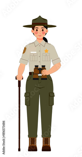 Cartoon park ranger holding binoculars and hiking stick