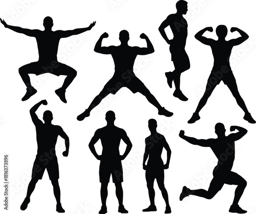 Male fitness silhouette collection showing athletic poses, workout exercise movements, bodybuilding flexing figures perfect for gym, sports training and active lifestyle design