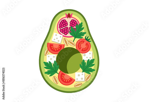 Colorful Avocado Illustration with Fruits and Vegetables