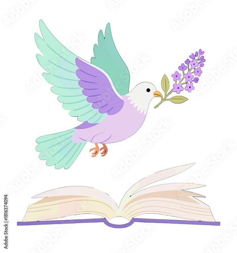 Colorful Dove with Flower Flying Above Open Book