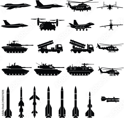 Military aircraft, helicopters, tanks, missile launchers, and rockets silhouette vector set for defense design, war equipment illustration, and tactical graphics