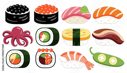 Colorful Sushi and Seafood Icons Set