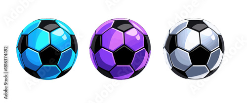 Colorful Soccer Balls in Vibrant Blue, Purple, and Gray