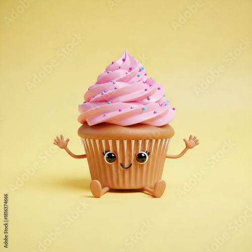 Pink Frosting Cupcake – Cute Smiling Dessert Character on Pastel Yellow Background