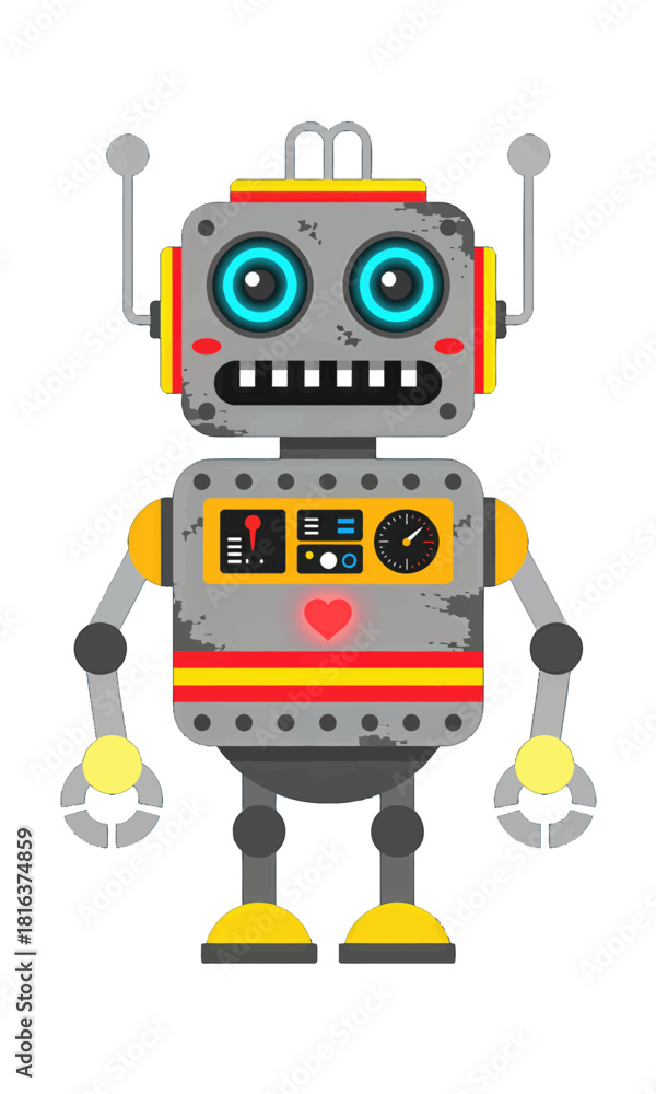 Fototapeta premium Cute Retro Robot with Glowing Blue Eyes and Control Panel
