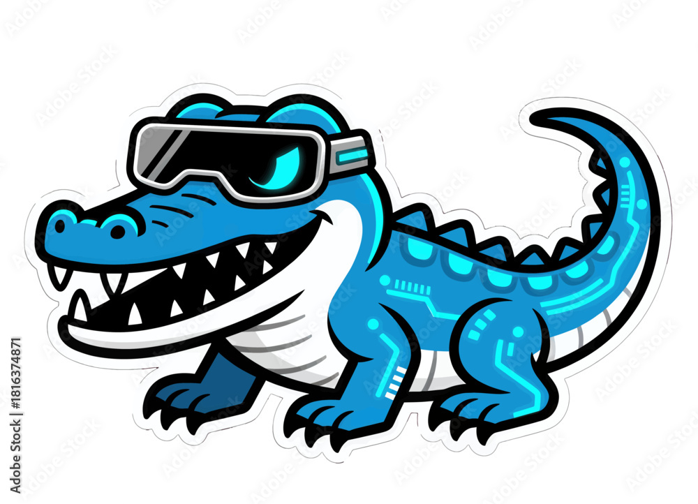 Fototapeta premium Cyberpunk Blue Crocodile in VR Goggles