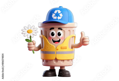 Cute Recycling Bin Character with Flower and Thumbs Up