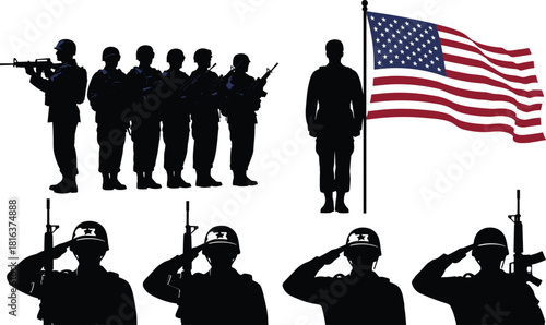 Military soldiers silhouette illustration, armed forces standing in formation with rifles, American flag tribute scene, patriotic saluting troops graphic artwork