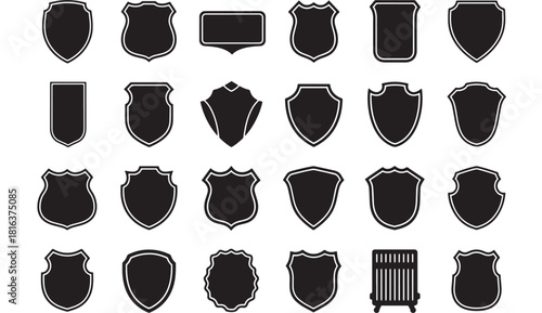 a collection of various black and white shield shapes with a thin white outline perfect for design projects on transparent background silhouette