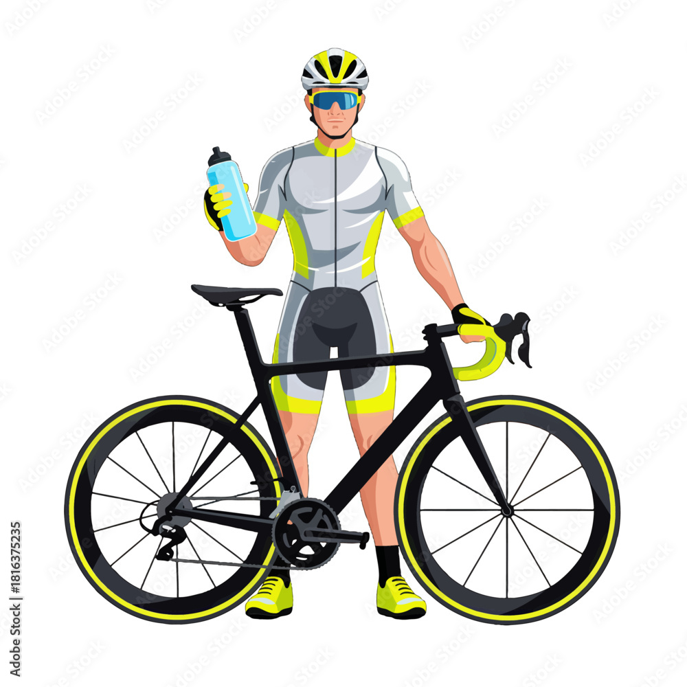 Fototapeta premium Cyclist in Yellow and Gray Gear with Bicycle Holding Water Bottle