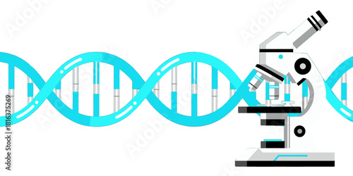 DNA Helix and Microscope Illustration in Blue and White