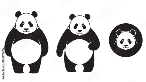 three adorable panda bear illustrations in varying poses with distinct black and white coloring on transparent background featuring a charming silhouette