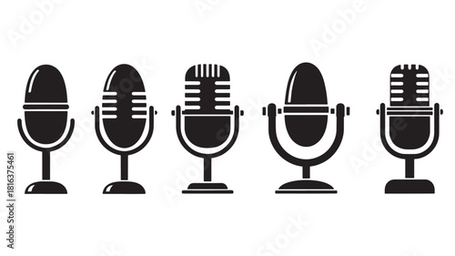 a collection of five black vintage style microphones displayed in a row perfect for graphic design on transparent background silhouette high quality