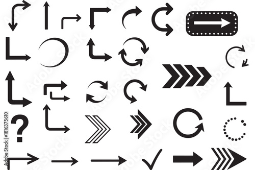 a diverse collection of black arrow icons and circular designs showcasing various directions and movements ideal for designers on transparent background silhouette